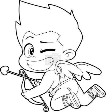 Delineado Chibi Cupido bebé personaje de dibujos animados con arco y flecha guiño. Ilustración dibujada a mano vectorial aislada sobre fondo transparente