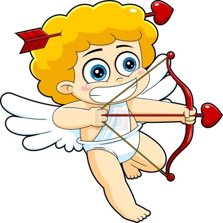 Illustration for Confused Cupid Baby Cartoon Character With Bow And Arrow Flying. Raster Hand Drawn Illustration Isolated On White Background - Royalty Free Image