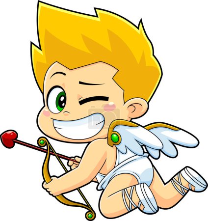 Téléchargez les illustrations : Chibi Cupidon bébé personnage de bande dessinée avec arc et flèche Winking. Illustration dessinée à la main raster isolé sur fond blanc - en licence libre de droit