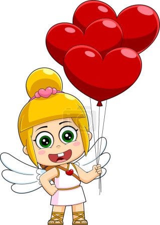 Téléchargez les illustrations : Chibi femelle Cupidon bébé personnage de bande dessinée avec des ballons de coeur. Illustration dessinée à la main raster isolé sur fond blanc - en licence libre de droit