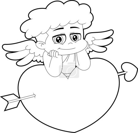 Ilustración de Delineado Chibi Cupido bebé personaje de dibujos animados apoyado en el corazón. Ilustración dibujada a mano vectorial aislada sobre fondo transparente - Imagen libre de derechos