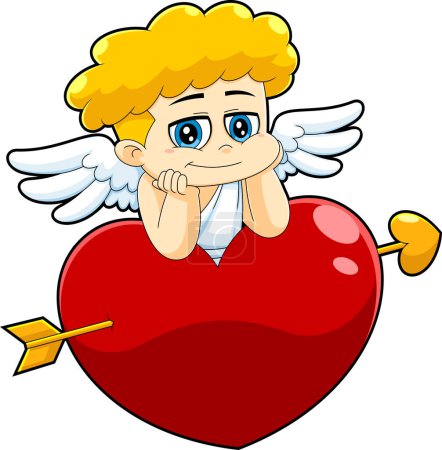 Téléchargez les illustrations : Chibi Cupidon bébé personnage de bande dessinée reposant sur le coeur rouge. Illustration dessinée à la main vectorielle isolée sur fond transparent - en licence libre de droit