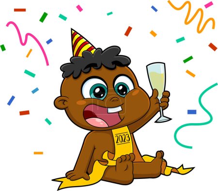 Illustration for African American New Year Baby Cartoon Character With Glass of Champagne And Ribbon Numbers 2023. Vector Hand Drawn Illustration Isolated On Transparent Background - Royalty Free Image