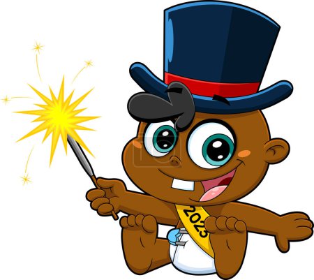 Illustration for African American New Year Baby Cartoon Character With Top Hat Holding A Sparkler. Vector Hand Drawn Illustration Isolated On Transparent Background - Royalty Free Image
