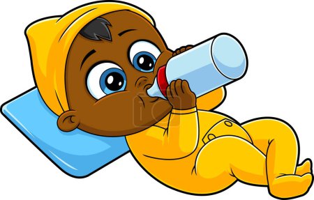 Illustration for African American Baby Boy Cartoon Character Drink Milk From Bottle. Vector Hand Drawn Illustration Isolated On Transparent Background - Royalty Free Image