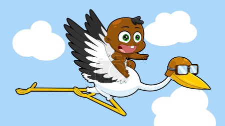 Illustration for African American Baby Girl Flying On Top Of A Stork Cartoon Characters. Vector Hand Drawn Illustration With Background - Royalty Free Image