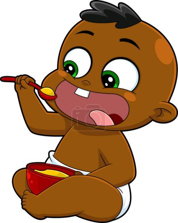 Téléchargez les illustrations : African American Baby Boy personnage de bande dessinée mange avec une cuillère d'un bol. Illustration dessinée à la main vectorielle isolée sur fond transparent - en licence libre de droit