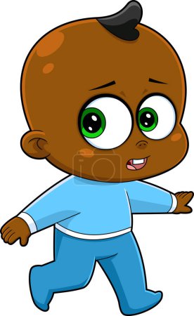 Illustration for African American Baby Boy Cartoon Character Takes First Steps. Vector Hand Drawn Illustration Isolated On Transparent Background - Royalty Free Image
