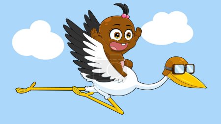 Afroamerikanisches Mädchen, das auf einer Storch-Zeichentrickfigur fliegt. Vector Hand gezeichnete Illustration mit Hintergrund