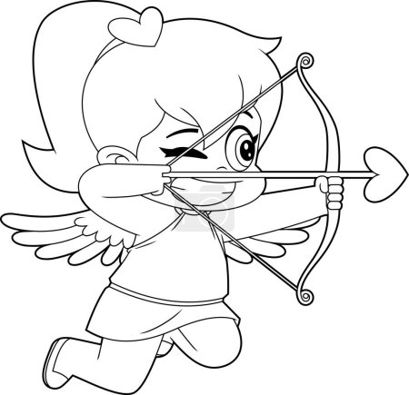 Outlined Cute Female Cupid Baby Cartoon Character With Bow And Arrow Flying. Vector Hand Drawn Illustration Isolated On Transparent Background