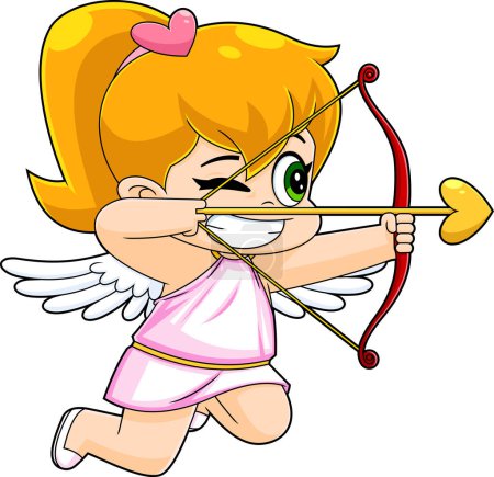 Téléchargez les illustrations : Cute Female Cupid Baby Cartoon Character With Bow And Arrow Flying. Vector Hand Drawn Illustration Isolated On Transparent Background - en licence libre de droit
