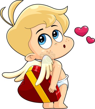 Téléchargez les illustrations : Cute Cupid Baby Cartoon Character Hiding Heart Gift Box. Vector Hand Drawn Illustration Isolated On Transparent Background - en licence libre de droit