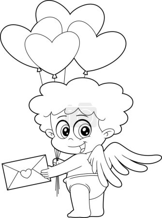 Téléchargez les illustrations : Outlined Cute Cupid Baby Cartoon Character With Heart Balloons Holding Love letter. Vector Hand Drawn Illustration Isolated On Transparent Background - en licence libre de droit