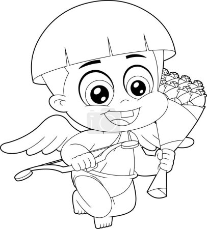 Illustration for Outlined Cute Cupid Baby Cartoon Character Holding Bouquet. Vector Hand Drawn Illustration Isolated On Transparent Background - Royalty Free Image