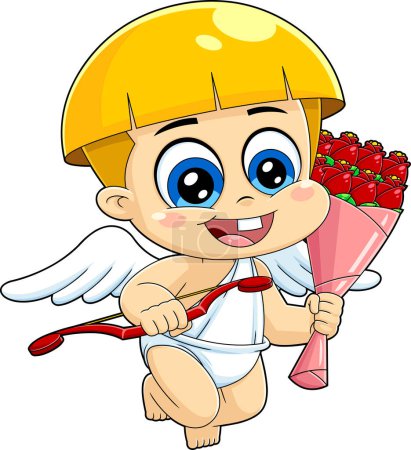 Illustration for Cute Cupid Baby Cartoon Character Holding Bouquet. Vector Hand Drawn Illustration Isolated On Transparent Background - Royalty Free Image