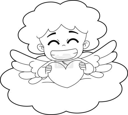 Illustration for Outlined Smiling Cupid Baby Cartoon Character On Cloud With Heart. Vector Hand Drawn Illustration Isolated On Transparent Background - Royalty Free Image
