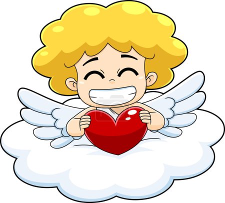 Téléchargez les illustrations : Smiling Cupid Baby Cartoon Character On Cloud With Red Heart. Vector Hand Drawn Illustration Isolated On Transparent Background - en licence libre de droit