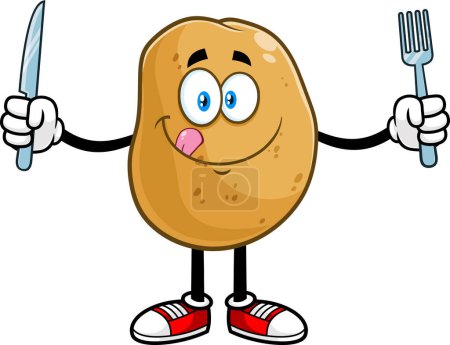 Illustration for Hungry Potato Cartoon Character Licking Lips And Holding Silverware. Vector Hand Drawn Illustration Isolated On Transparent Background - Royalty Free Image