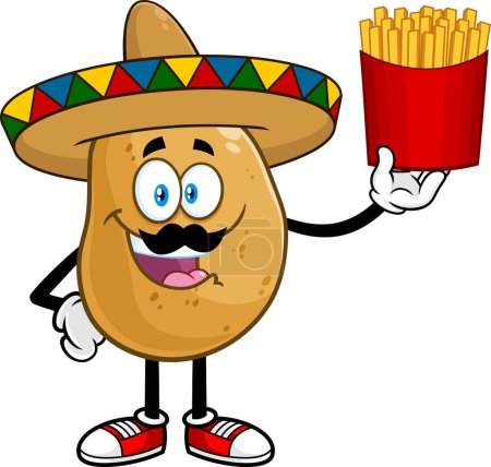 Téléchargez les illustrations : Mexican Potato Cartoon Character With Sombrero Holding French Fries. Vector Hand Drawn Illustration Isolated On Transparent Background - en licence libre de droit