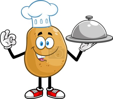 Illustration for Potato Chef Cartoon Character Gesturing Ok And Holding Silver Platter. Vector Hand Drawn Illustration Isolated On Transparent Background - Royalty Free Image