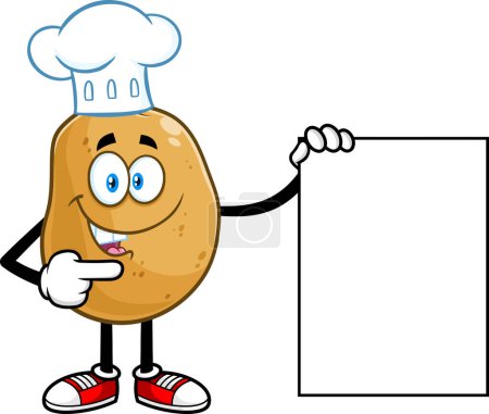 Ilustración de Potato Chef Cartoon Character Pointing To Blank Sign. Vector Hand Drawn Illustration Isolated On Transparent Background - Imagen libre de derechos