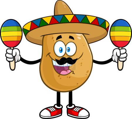 Téléchargez les illustrations : Mexican Potato Cartoon Character With Sombrero Playing With Maracas. Vector Hand Drawn Illustration Isolated On Transparent Background - en licence libre de droit