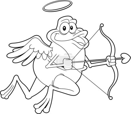 Téléchargez les illustrations : Outlined Funny Frog Cupid Cartoon Character With Bow And Arrow Flying. Raster Hand Drawn Illustration Isolated On White Background - en licence libre de droit