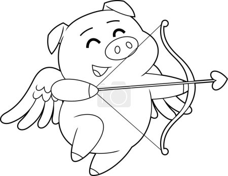 Téléchargez les illustrations : Outlined Cute Pig Cupid Cartoon Character With Bow And Arrow Flying. Raster Hand Drawn Illustration Isolated On White Background - en licence libre de droit