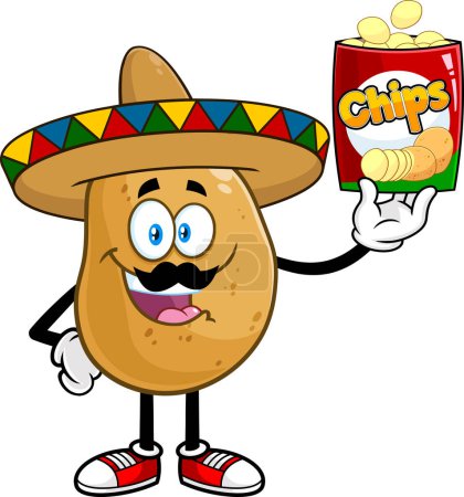 Téléchargez les illustrations : Mexican Potato Cartoon Character With Sombrero Holding Up A Bag Of Chips. Raster Hand Drawn Illustration Isolated On White Background - en licence libre de droit