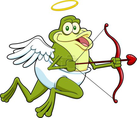 Téléchargez les illustrations : Funny Frog Cupid Cartoon Character With Bow And Arrow Flying. Raster Hand Drawn Illustration Isolated On White Background - en licence libre de droit