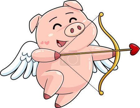 Ilustración de Cute Pig Cupid Cartoon Character With Bow And Arrow Flying. Raster Hand Drawn Illustration Isolated On White Background - Imagen libre de derechos
