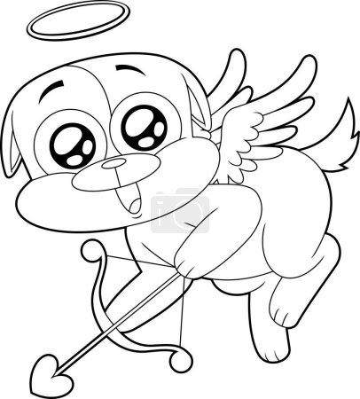 Illustration for Outlined Cute Dog Cupid Cartoon Character With Bow And Arrow Flying. Raster Hand Drawn Illustration Isolated On White Background - Royalty Free Image