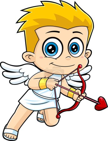 Illustration for Cute Cupid Baby Cartoon Character With Bow And Arrow Flying. Raster Hand Drawn Illustration Isolated On White Background - Royalty Free Image