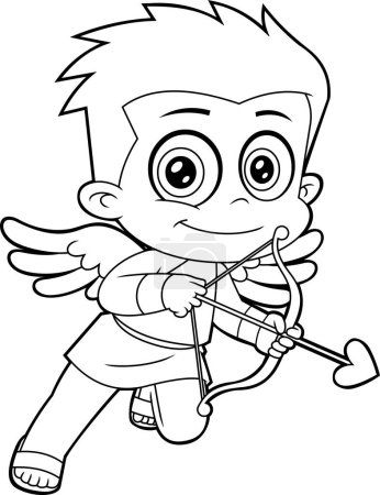 Illustration for Outlined Cute Cupid Baby Cartoon Character With Bow And Arrow Flying. Raster Hand Drawn Illustration Isolated On White Background - Royalty Free Image