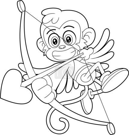 Illustration for Outlined Funny Monkey Cupid Cartoon Character With Bow And Arrow Flying. Raster Hand Drawn Illustration Isolated On White Background - Royalty Free Image