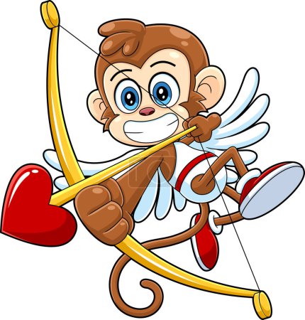 Illustration for Funny Monkey Cupid Cartoon Character With Bow And Arrow Flying. Raster Hand Drawn Illustration Isolated On White Background - Royalty Free Image