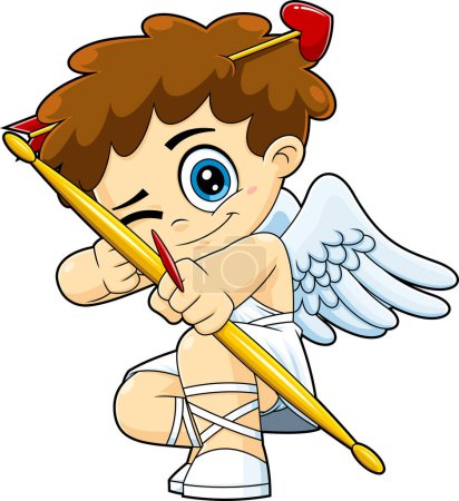 Téléchargez les illustrations : Cute Cupid Baby Cartoon Character Aiming At Someone With Arrow Of Love. Raster Hand Drawn Illustration Isolated On White Background - en licence libre de droit
