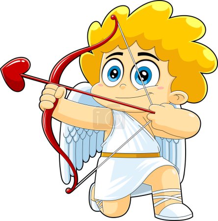 Illustration for Cute Cupid Baby Cartoon Character Shooting Arrow Of Love. Raster Hand Drawn Illustration Isolated On White Background - Royalty Free Image