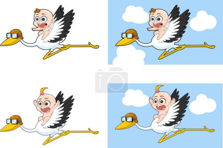 Illustration for Cute Babies Flying On Top Of A Stork Cartoon Characters. Vector Hand Drawn Collection Set Isolated On Transparent Background - Royalty Free Image