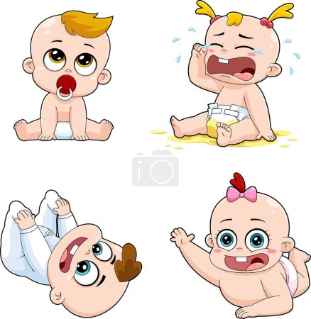 Illustration for Cute Babies Cartoon Characters. Raster Collection Set Isolated On White Background - Royalty Free Image