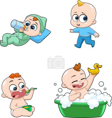 Illustration for Cute Babies Cartoon Character. Raster Collection Set Isolated On White Background - Royalty Free Image