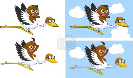 Illustration for African American Babies Flying On Top Of A Stork Cartoon Characters. Raster Collection Set Isolated On White Background - Royalty Free Image