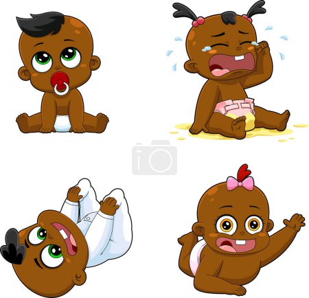 Téléchargez les illustrations : African American Babies Cartoon Characters. Raster Collection Set Isolated On White Background - en licence libre de droit