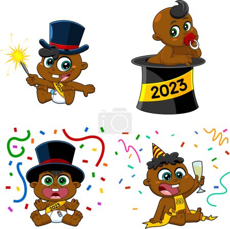 Illustration for African American New Year Babies Cartoon Characters. Raster Collection Set Isolated On White Background - Royalty Free Image