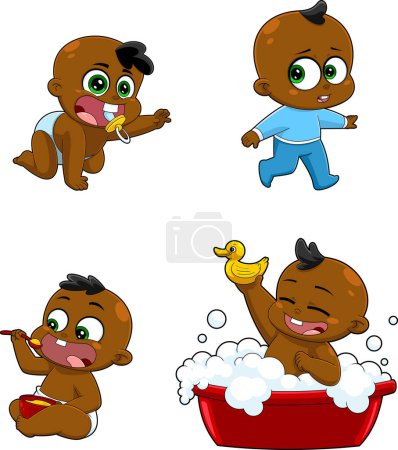 Illustration for African American Babies Cartoon Characters. Raster Collection Set Isolated On White Background - Royalty Free Image