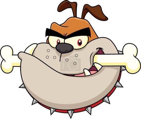 Illustration for Brown Bulldog Face Cartoon Character With Bone. Vector Hand Drawn Illustration Isolated On Transparent Background - Royalty Free Image