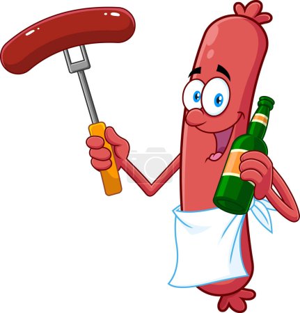 Téléchargez les illustrations : Happy Sausage Chef Cartoon Character Holding Beer And Sausage On A Fork. Vector Hand Drawn Illustration Isolated On Transparent Background - en licence libre de droit