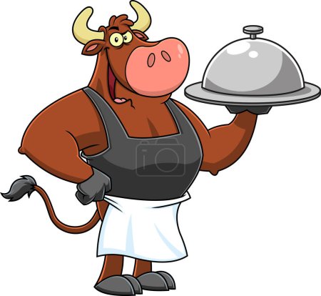 Illustration for Bull Chef Cartoon Mascot Character Holding A Silver Platter. Vector Hand Drawn Illustration Isolated On Transparent Background - Royalty Free Image