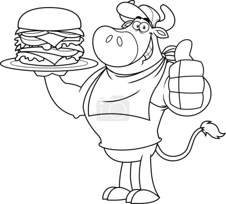 Ilustración de Outlined Bull Cartoon Character Giving The Thumbs Up And Holding A Double Hamburger. Vector Hand Drawn Illustration Isolated On Transparent Background - Imagen libre de derechos