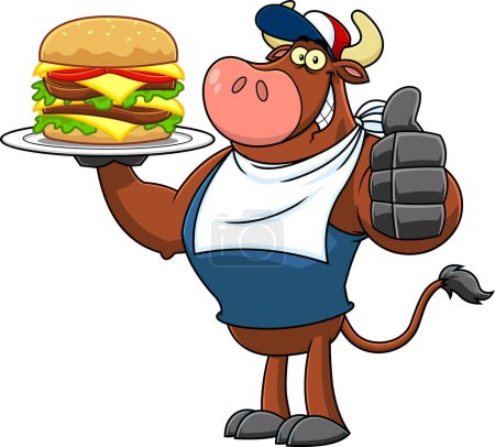 Illustration for Bull Cartoon Character Giving The Thumbs Up And Holding A Double Hamburger. Vector Hand Drawn Illustration Isolated On Transparent Background - Royalty Free Image